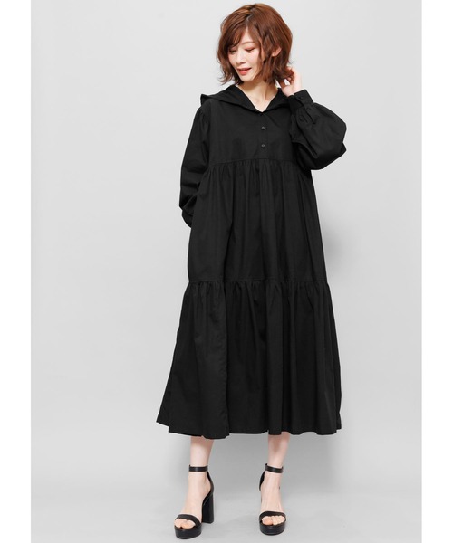 mili an deni（ミリアンデニ）の「綿100%フード付きティアードシャツワンピース（シャツワンピース・レディース・ホワイト/ブラック/ベージュ/ミント/ダークブルー・M）」の2枚目の写真