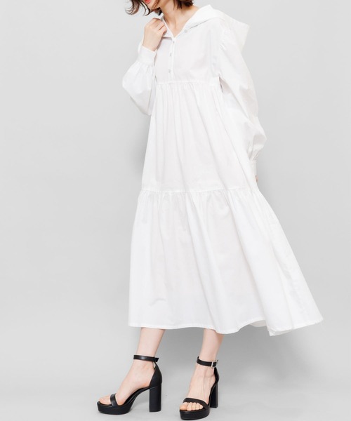 mili an deni（ミリアンデニ）の「綿100%フード付きティアードシャツワンピース（シャツワンピース・レディース・ホワイト/ブラック/ベージュ/ミント/ダークブルー・M）」の6枚目の写真