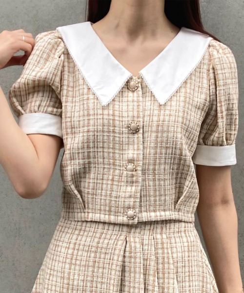 TITTY&CO.(ティティーアンドコー)の「【TITTY&CO.】コットンカラーツイードトップス(シャツ/ブラウス・レディース・ベージュ/ライトブルー・FREE)」の1枚目の写真