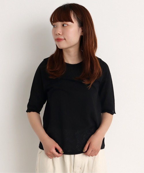 chambre de charme（シャンブルドゥシャーム）の「●cdc 綿麻 お花ジャガード 5分袖プルオーバー（Tシャツ/カットソー・レディース・キナリ/ブラック・FREE）」の2枚目の写真