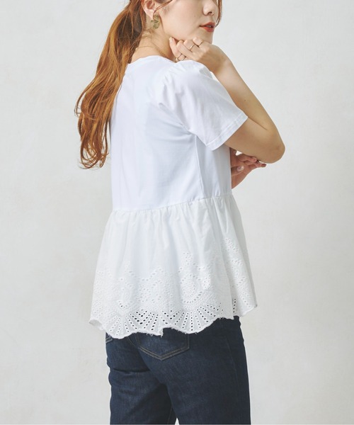Chez toi(シェトワ)の「裾コットンレースシルケットT(Tシャツ/カットソー・レディース・ブラック/オフホワイト・FREE)」の1枚目の写真
