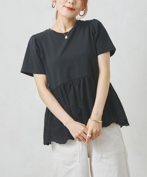 Chez toi(シェトワ)の「裾コットンレースシルケットT(Tシャツ/カットソー・レディース・ブラック/オフホワイト・FREE)」の3枚目の写真