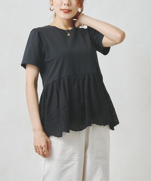 Chez toi(シェトワ)の「裾コットンレースシルケットT(Tシャツ/カットソー・レディース・ブラック/オフホワイト・FREE)」の4枚目の写真