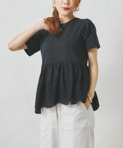 Chez toi(シェトワ)の「裾コットンレースシルケットT(Tシャツ/カットソー・レディース・ブラック/オフホワイト・FREE)」の8枚目の写真