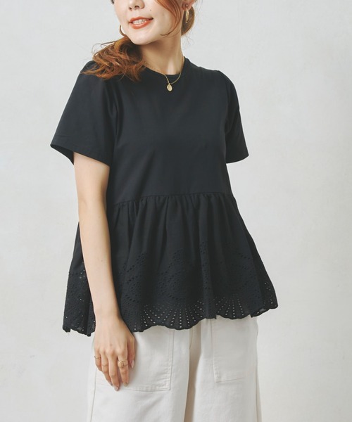 Chez toi(シェトワ)の「裾コットンレースシルケットT(Tシャツ/カットソー・レディース・ブラック/オフホワイト・FREE)」の9枚目の写真