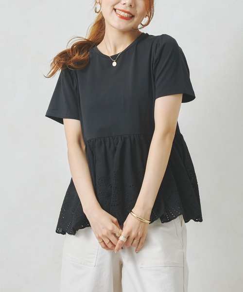 Chez toi(シェトワ)の「裾コットンレースシルケットT(Tシャツ/カットソー・レディース・ブラック/オフホワイト・FREE)」の11枚目の写真