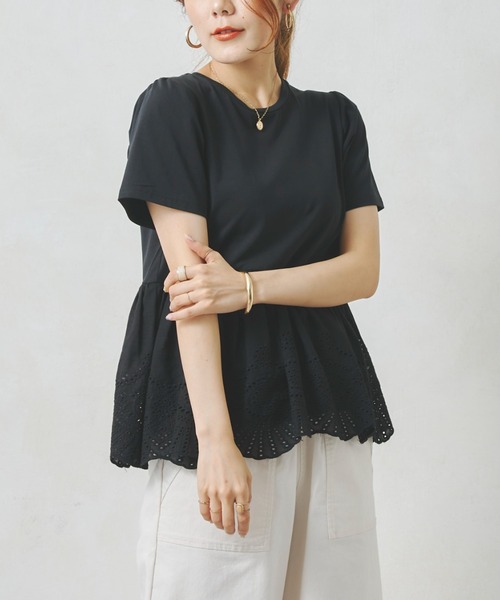 Chez toi(シェトワ)の「裾コットンレースシルケットT(Tシャツ/カットソー・レディース・ブラック/オフホワイト・FREE)」の12枚目の写真