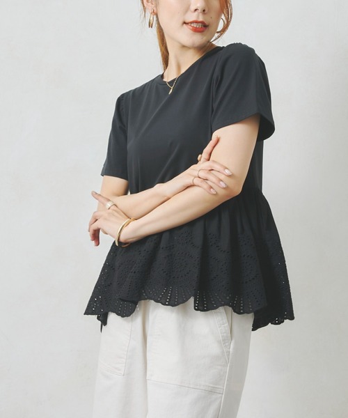 Chez toi(シェトワ)の「裾コットンレースシルケットT(Tシャツ/カットソー・レディース・ブラック/オフホワイト・FREE)」の13枚目の写真