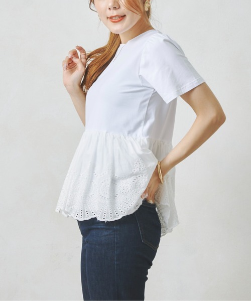 Chez toi(シェトワ)の「裾コットンレースシルケットT(Tシャツ/カットソー・レディース・ブラック/オフホワイト・FREE)」の22枚目の写真
