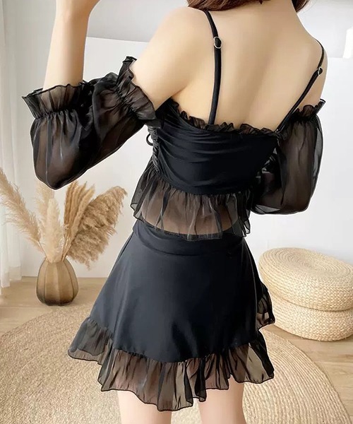 gossip！ロサンゼルス（ゴシップロサンゼルス）の「Y2K ハイウエストスカート フリルトップス スリーブ付き 体型カバー 2点セット水着（水着・レディース・ホワイト/ブラック・FREE）」の8枚目の写真