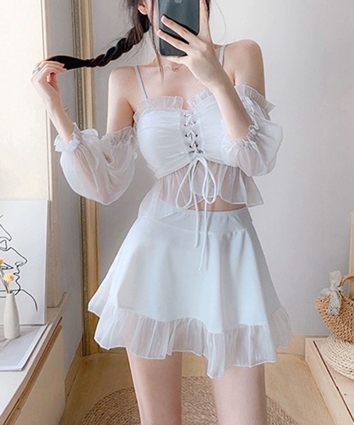 gossip！ロサンゼルス（ゴシップロサンゼルス）の「Y2K ハイウエストスカート フリルトップス スリーブ付き 体型カバー 2点セット水着（水着・レディース・ホワイト/ブラック・FREE）」の10枚目の写真