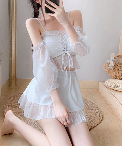 gossip！ロサンゼルス（ゴシップロサンゼルス）の「Y2K ハイウエストスカート フリルトップス スリーブ付き 体型カバー 2点セット水着（水着・レディース・ホワイト/ブラック・FREE）」の12枚目の写真