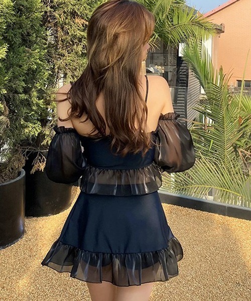 gossip！ロサンゼルス（ゴシップロサンゼルス）の「Y2K ハイウエストスカート フリルトップス スリーブ付き 体型カバー 2点セット水着（水着・レディース・ホワイト/ブラック・FREE）」の19枚目の写真