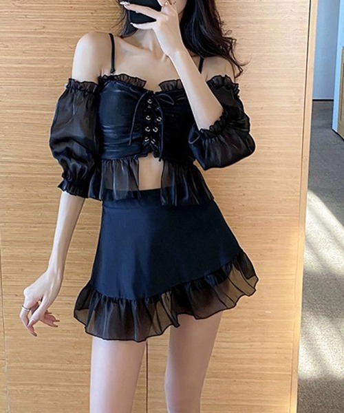 gossip！ロサンゼルス（ゴシップロサンゼルス）の「Y2K ハイウエストスカート フリルトップス スリーブ付き 体型カバー 2点セット水着（水着・レディース・ホワイト/ブラック・FREE）」の20枚目の写真