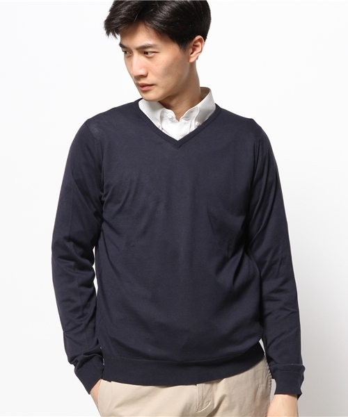 JOHN SMEDLEY（ジョンスメドレー）の「JOHN SMEDLEY / 30ゲージVネックニット（ニット/セーター・メンズ・ブルー系その他/ネイビー/シルバー/レッド系その他・M/40/L/43/S/38）」の7枚目の写真
