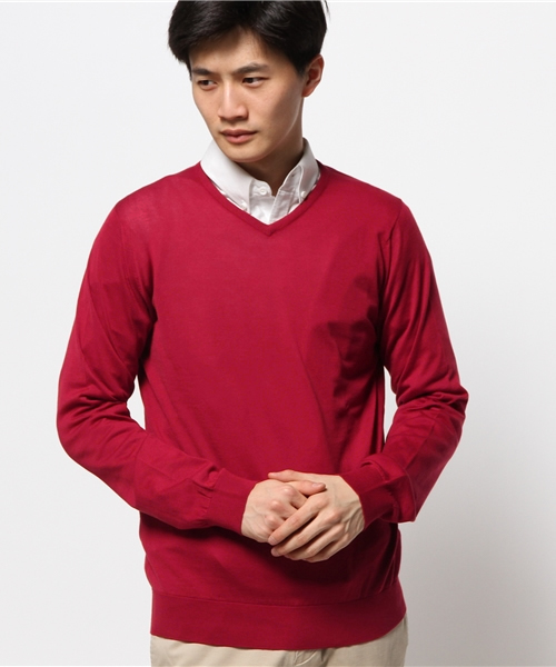 JOHN SMEDLEY（ジョンスメドレー）の「JOHN SMEDLEY / 30ゲージVネックニット（ニット/セーター・メンズ・ブルー系その他/ネイビー/シルバー/レッド系その他・M/40/L/43/S/38）」の3枚目の写真