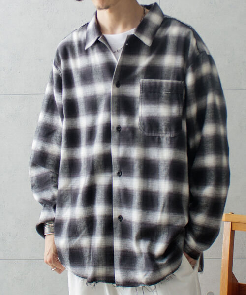 GLOSTER（グロスター）の「【GLOSTER/グロスター】オンブレ チェック オープンカラーシャツ カットオフ USD加工（シャツ/ブラウス・メンズ・ブラック系その他・M/L）」の12枚目の写真