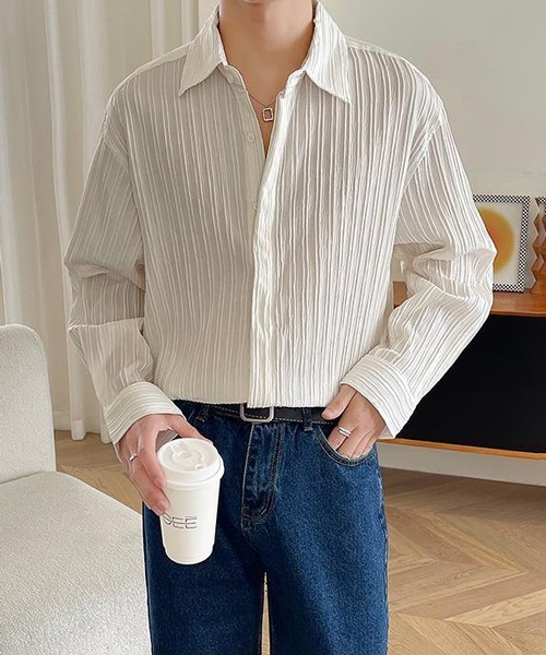 NOWLE（ノウル）の「【NOWLE】ストライプ エンボス レギュラーカラー シャツ（シャツ/ブラウス・メンズ・ベージュ/ブラック/ホワイト・MEDIUM/LARGE/X-LARGE）」の12枚目の写真