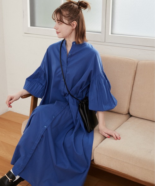 ボリュームスリーブ バンドカラー シャツワンピース（シャツワンピース