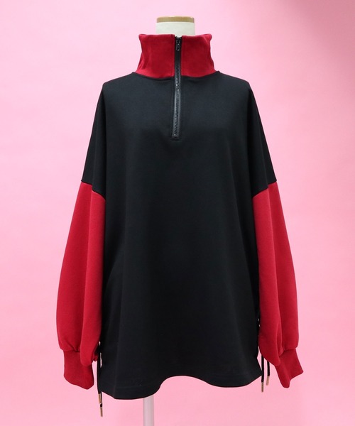 ロングワンピース スウェット バイカラー ジップアップ b3395 high neck half zip up sweat one piece / black [3size