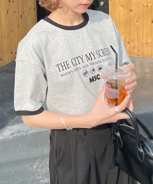 Chillfar（チルファー）の「リンガーロゴTシャツ（Tシャツ/カットソー・レディース・オートミール/グレー系1/ベージュ系2/アイボリー系1/グリーン系/ホワイト系/ホワイト系1/ホワイト系2/ホワイト×ブラック/杢グレー/グレー系/ベージュ系1/ベージュ系3/アイボリー系/グリーン系1/クリーム・FREE）」の7枚目の写真