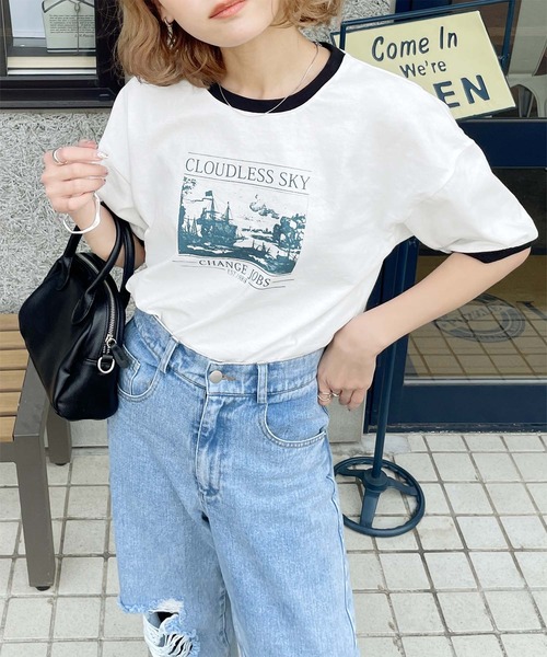 Chillfar（チルファー）の「リンガーロゴTシャツ（Tシャツ/カットソー・レディース・オートミール/グレー系1/ベージュ系2/アイボリー系1/グリーン系/ホワイト系/ホワイト系1/ホワイト系2/ホワイト×ブラック/杢グレー/グレー系/ベージュ系1/ベージュ系3/アイボリー系/グリーン系1/クリーム・FREE）」の2枚目の写真