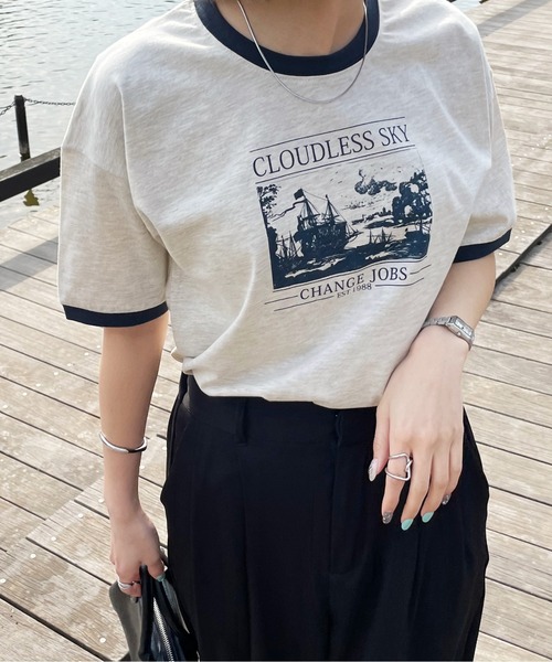 Chillfar（チルファー）の「リンガーロゴTシャツ（Tシャツ/カットソー・レディース・オートミール/グレー系1/ベージュ系2/アイボリー系1/グリーン系/ホワイト系/ホワイト系1/ホワイト系2/ホワイト×ブラック/杢グレー/グレー系/ベージュ系1/ベージュ系3/アイボリー系/グリーン系1/クリーム・FREE）」の10枚目の写真