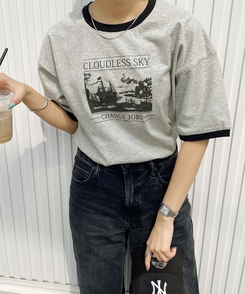 Chillfar（チルファー）の「リンガーロゴTシャツ（Tシャツ/カットソー・レディース・オートミール/グレー系1/ベージュ系2/アイボリー系1/グリーン系/ホワイト系/ホワイト系1/ホワイト系2/ホワイト×ブラック/杢グレー/グレー系/ベージュ系1/ベージュ系3/アイボリー系/グリーン系1/クリーム・FREE）」の6枚目の写真