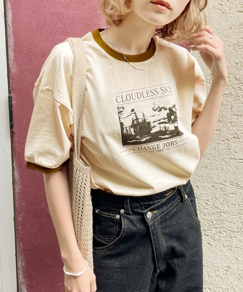 Chillfar（チルファー）の「リンガーロゴTシャツ（Tシャツ/カットソー・レディース・オートミール/グレー系1/ベージュ系2/アイボリー系1/グリーン系/ホワイト系/ホワイト系1/ホワイト系2/ホワイト×ブラック/杢グレー/グレー系/ベージュ系1/ベージュ系3/アイボリー系/グリーン系1/クリーム・FREE）」の9枚目の写真