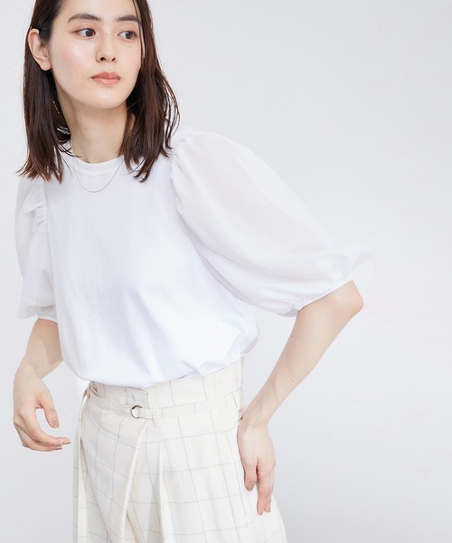 ROPE'（ロペ）の「【洗える】シフォンコンビギャザーパフスリーブカットソー（Tシャツ/カットソー・レディース・ホワイト/ブラック・38）」の2枚目の写真