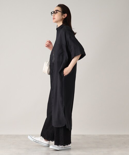 美品✨ティッカ　リネン100 半袖　ノーカラー　 ロングシャツワンピース TICCA(ティッカ)のハーブノーカラー半袖シャツワンンピース通販