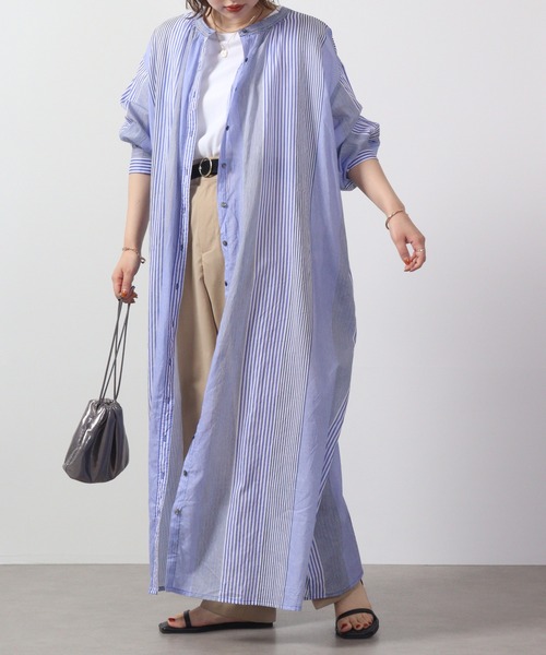 lil nina(リルニーナ)の「lil nina コットンボイル シャーリングシャツワンピース(シャツワンピース・レディース・ブラック/オフホワイト/ブルー系・FREE)」の3枚目の写真