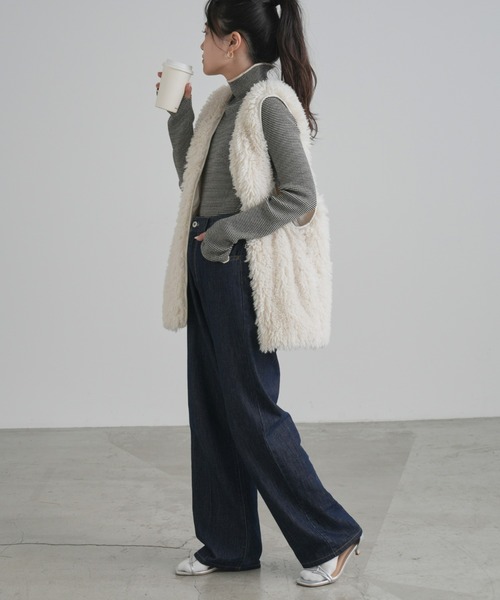 CIAOPANIC TYPY（チャオパニックティピー）の「【新色追加】アンチピリング配色ステッチボーダータートルニット（ニット/セーター・レディース・バーガンディー/パープル/オレンジ/オフホワイト/グレー/ネイビー/レッド/サックスブルー/グリーン/ボルドー・ONE SIZE）」の12枚目の写真