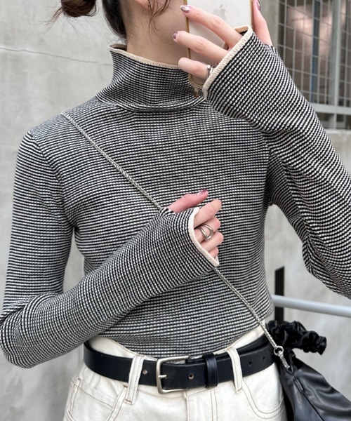 新色追加】アンチピリング配色ステッチボーダータートルニット（ニット