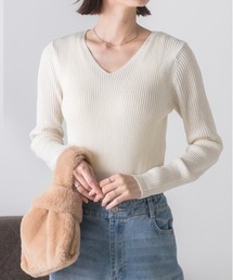 ad thie | Vネックリブニットトップス(ニット/セーター)