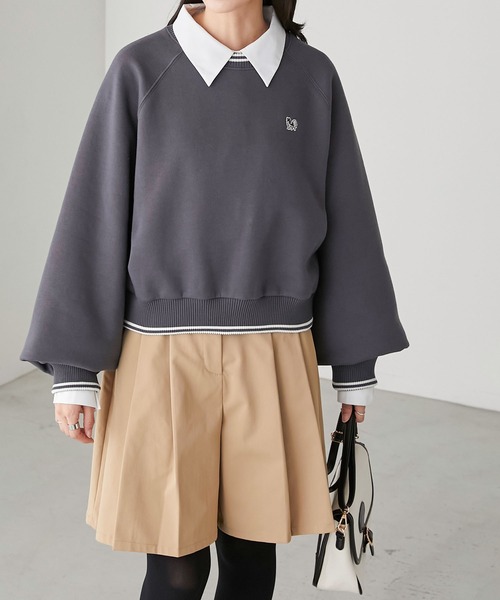 BONLECILL(ボンルシール)の「【JAMMINコラボ】パピヨン刺繍ワッペン 裏起毛クロップドトレーナー(スウェット・レディース・チャコールグレー/オートミール/アイボリー/レッド・FREE)」の17枚目の写真
