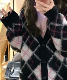 モヘア風アーガイルルースシルエットニットカーデ