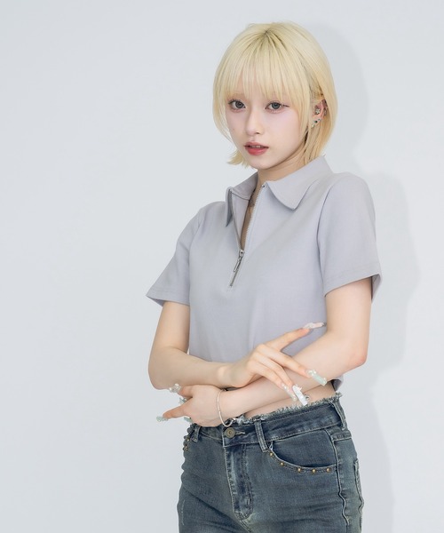 17HR(セブンティーンアワーズ)の「ハーフジップリブT(Tシャツ/カットソー・レディース・ホワイト/ブラック/グレー・FREE)」の21枚目の写真