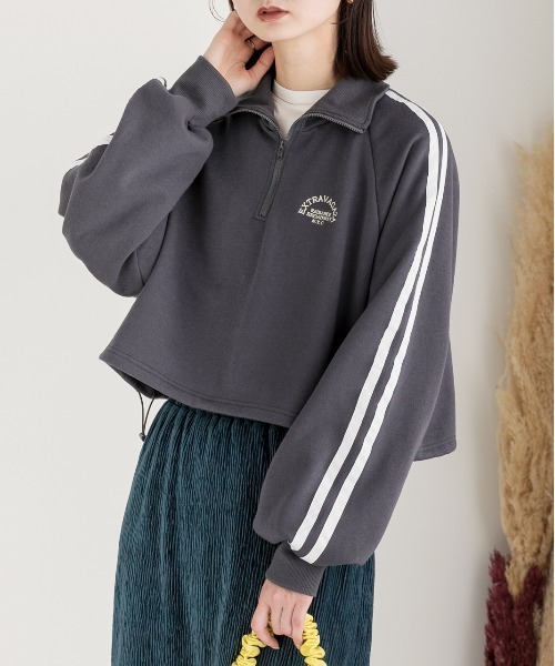 ad thie(アドティエ)の「裏起毛・刺繍入り サイドラインハーフジッププルオーバー(Tシャツ/カットソー・レディース・チャコール/オートミール/ネイビー・FREE)」の6枚目の写真