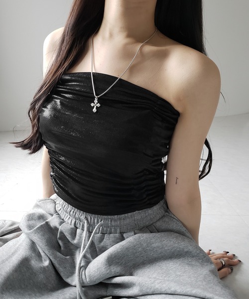 me+em select（ミームセレクト）の「※※【 ２color ／ ２type 】サイドシャーリングメタリックベアトップビスチェ  ／  Side shirring metallic bare top bustier（チューブトップ・レディース・ブラック/シルバー/ブラック系その他/シルバー系その他・FREE）」の14枚目の写真