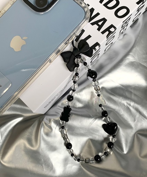 セール】リボンモチーフビーズチェーン携帯ストラップ（スマホグッズ