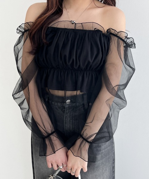 Heather（ヘザー）の「チュールオフショルブラウス　114166（シャツ/ブラウス・レディース・アイボリー/グレー/ブラック・FREE）」の3枚目の写真