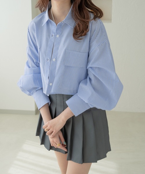 Ambre Neige(アンブルネージュ)の「ダブルポケットストライプショートシャツ/WEB/EC限定商品(シャツ/ブラウス・レディース・ライトブルー/オフホワイト/ピンク・FREE)」の2枚目の写真