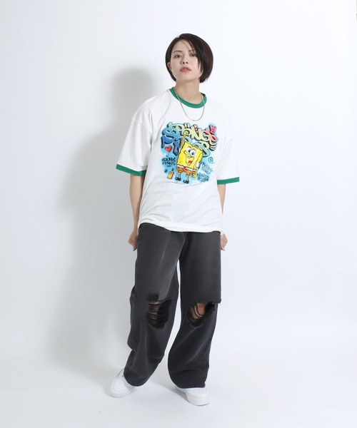 Salong hameu(サロン ハミュー)の「「ユニセックス」SpongeBob(スポンジ・ボブ)キャラクタープリント 半袖リンガーTシャツ メンズ レディース(Tシャツ/カットソー・レディース・ホワイト×レッド/ホワイト×グリーン/ブラック×ホワイト・L/M)」の22枚目の写真