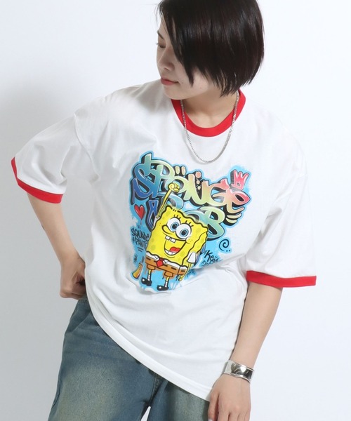 Salong hameu(サロン ハミュー)の「「ユニセックス」SpongeBob(スポンジ・ボブ)キャラクタープリント 半袖リンガーTシャツ メンズ レディース(Tシャツ/カットソー・レディース・ホワイト×レッド/ホワイト×グリーン/ブラック×ホワイト・L/M)」の16枚目の写真