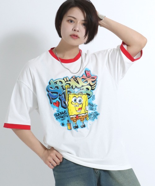 Salong hameu(サロン ハミュー)の「「ユニセックス」SpongeBob(スポンジ・ボブ)キャラクタープリント 半袖リンガーTシャツ メンズ レディース(Tシャツ/カットソー・レディース・ホワイト×レッド/ホワイト×グリーン/ブラック×ホワイト・L/M)」の17枚目の写真