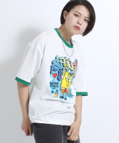 Salong hameu(サロン ハミュー)の「「ユニセックス」SpongeBob(スポンジ・ボブ)キャラクタープリント 半袖リンガーTシャツ メンズ レディース(Tシャツ/カットソー・レディース・ホワイト×レッド/ホワイト×グリーン/ブラック×ホワイト・L/M)」の21枚目の写真