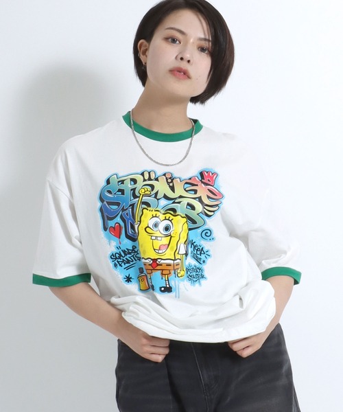 Salong hameu(サロン ハミュー)の「「ユニセックス」SpongeBob(スポンジ・ボブ)キャラクタープリント 半袖リンガーTシャツ メンズ レディース(Tシャツ/カットソー・レディース・ホワイト×レッド/ホワイト×グリーン/ブラック×ホワイト・L/M)」の20枚目の写真