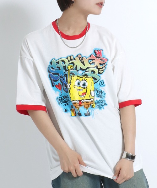 Salong hameu(サロン ハミュー)の「「ユニセックス」SpongeBob(スポンジ・ボブ)キャラクタープリント 半袖リンガーTシャツ メンズ レディース(Tシャツ/カットソー・レディース・ホワイト×レッド/ホワイト×グリーン/ブラック×ホワイト・L/M)」の15枚目の写真