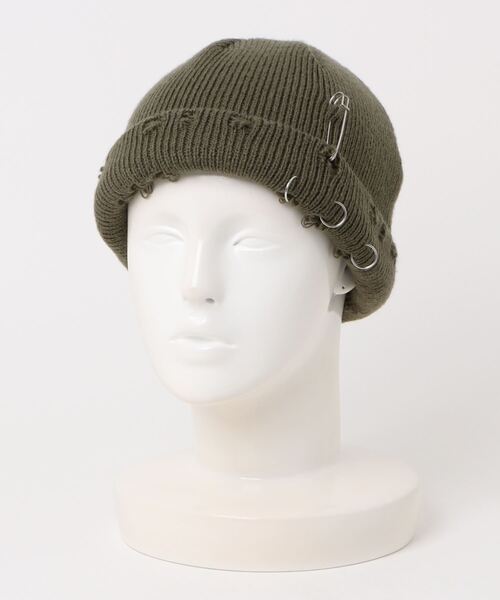 SPINNS（スピンズ）の「ダメージニットキャップ リング安全ピン（ニットキャップ/ビーニー・メンズ・ブラック/グレー/カーキ・ONESIZE）」の3枚目の写真